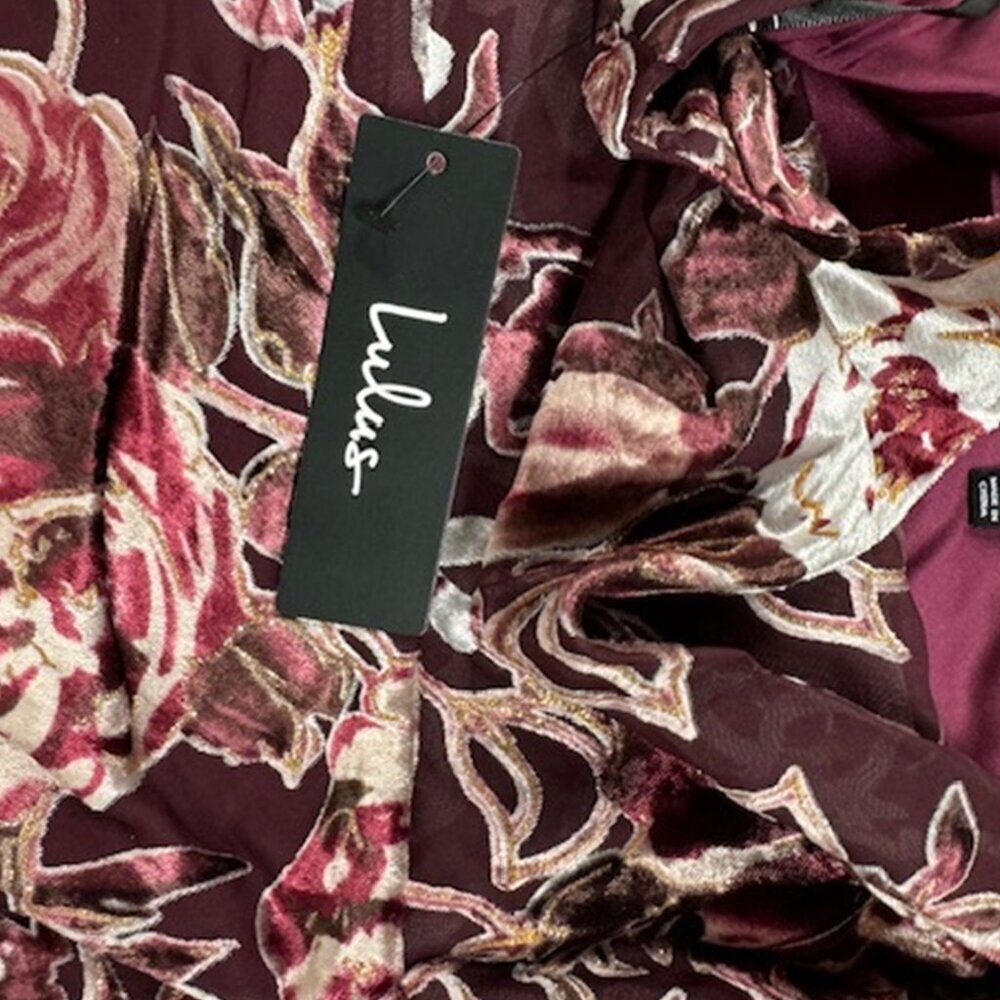 NWT Lulus Embrace Me Burgundy Floral Velvet Cowl Neck Maxi Slip Dress​ - Picture 7 of 8